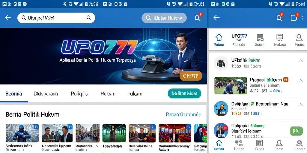 Antarmuka aplikasi UFO777 yang menampilkan berita politik dan hukum.